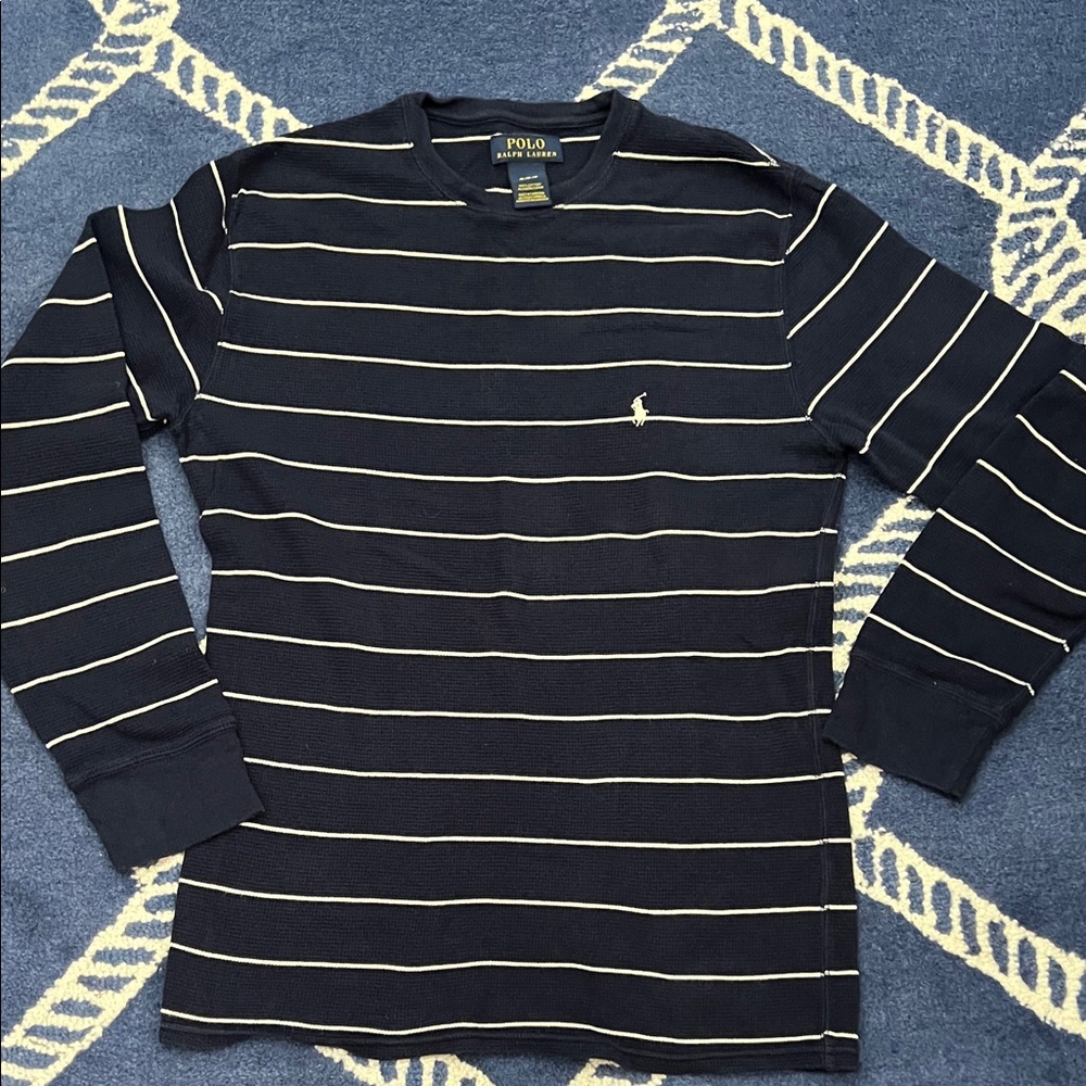 Polo by Ralph Lauren Navy and White Striped Long-Sleeve Crewneck M